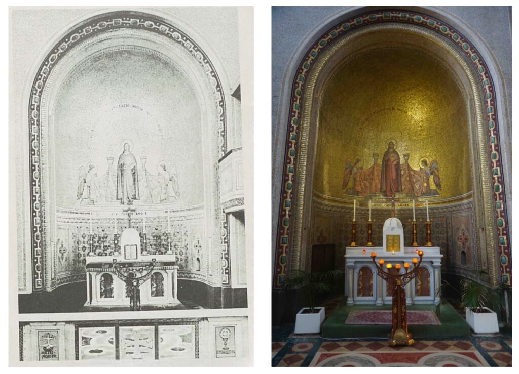 Two views of the Altar of the Sacred Heart in St Francis Church in Cork. One is a photo taken in 2021 and the other is a picture from "St Francis Church: An Illustrated Guide."