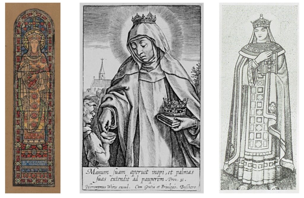 Three images of St Elizabeth of Hungary. The image on the left is a colour design for a stained glass window and it is from the Board of Trinity College Dublin. The image in the centre is a a black & white print of St Elizabeth giving aid to a young boy. The image on the right is a black & white drawing of a mosaic from "Franciscan Cork: Souvenir of St. Francis Church, Cork."