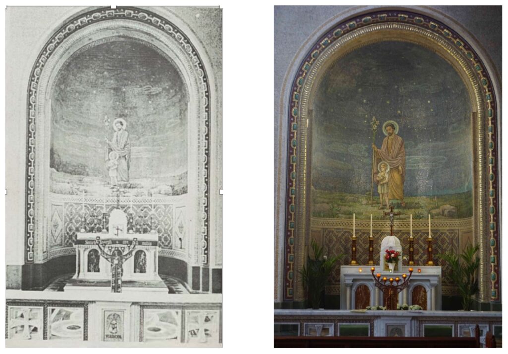 Two views of the Altar of St Joseph in St Francis Church in Cork. One is a photo taken in 2021 and the other is a picture from "St Francis Church: An Illustrated Guide."