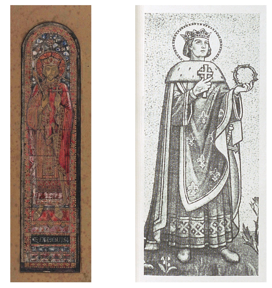 The image on the left is a colour design for a stained glass window of St Louis and it is from the Board of Trinity College Dublin. The image on the right is a black & white drawing of a mosaic of St Louis from "Franciscan Cork: Souvenir of St. Francis Church, Cork."