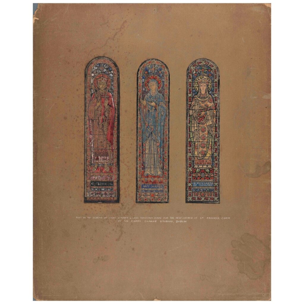 Colour design for three stained-glass windows in the church of St Francis in Cork, featuring St Louis of France, the Virgin Mary and St Elizabeth of Hungary. The image is from the Board of Trinity College Dublin.