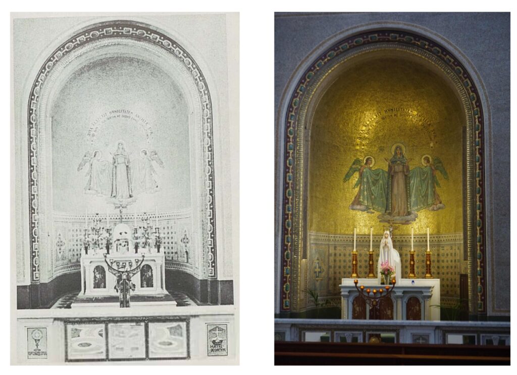 Two views of the Altar of Our Lady in St Francis Church in Cork. One is a photo taken in 2021 and the other is a picture from "St Francis Church: An Illustrated Guide."