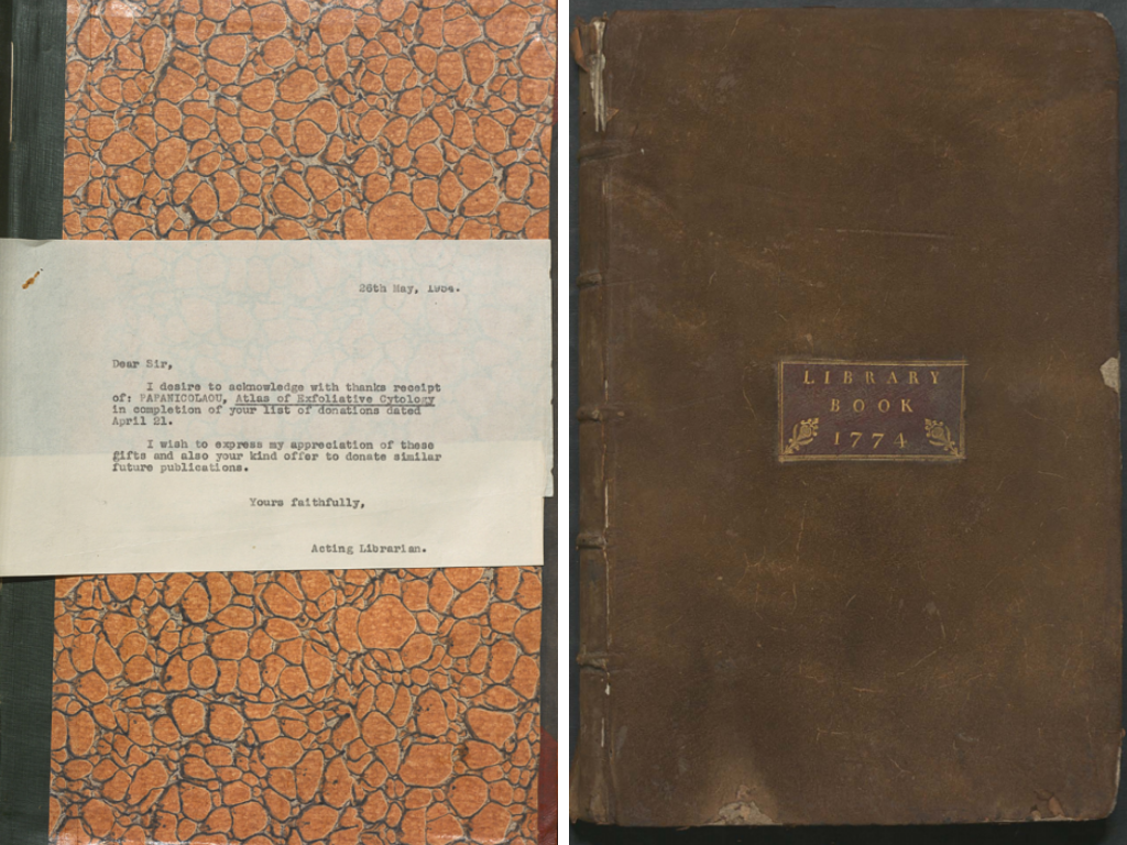 Left: The rear recto endpaper with letter insert from the Donations Book 1931-1955. The letter is typed on white paper and placed on an orange & black marbled page.
Right: The front cover to the Library Book of Barne House. The binding is leather and there is a title sticker in gold showing 'Library Book 1774.'