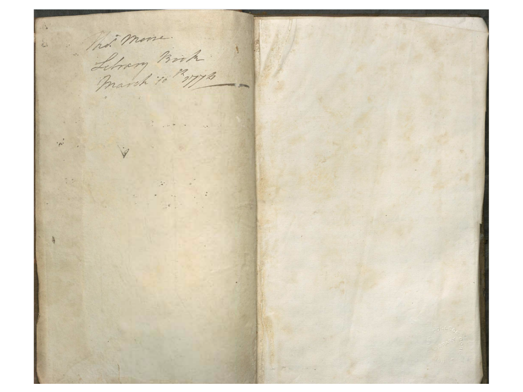 Signature of Thomas Moore on the upper left flyleaf in the Barne Library Book.