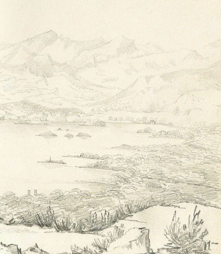 Pencil sketch of a viewpoint from high of Glengarriff looking across at sky, rolling hills, coastline sea. There is small house in the distance on the coastline. This is from the Bantry Estate Collection.