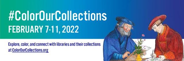 Colour Our Collections logo. Date: February 7-11 2022. On the right are two Renaissance era men colouring using quills. 