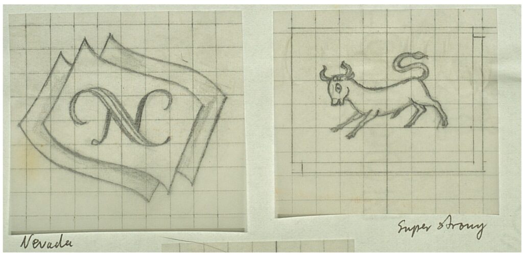 Two sketches: on the left is a N With a series of rectangles layered underneath the N. On the right is a bull leaping. Under the N is the word Nevada. Under the bull are the words super strong. 