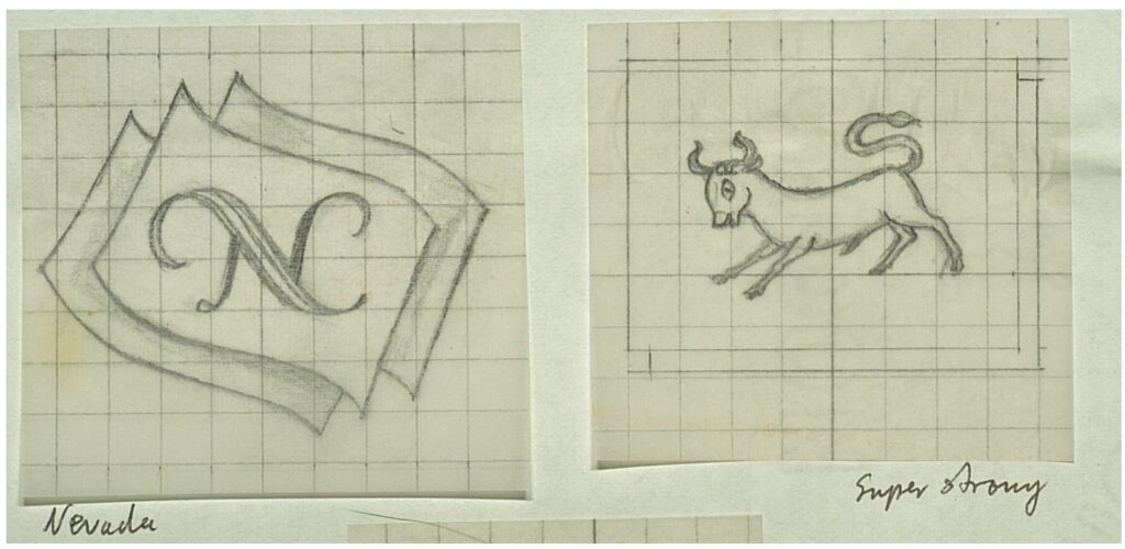 Two sketches: on the left is a N With a series of rectangles layered underneath the N. On the right is a bull leaping. Under the N is the word Nevada. Under the bull are the words super strong.