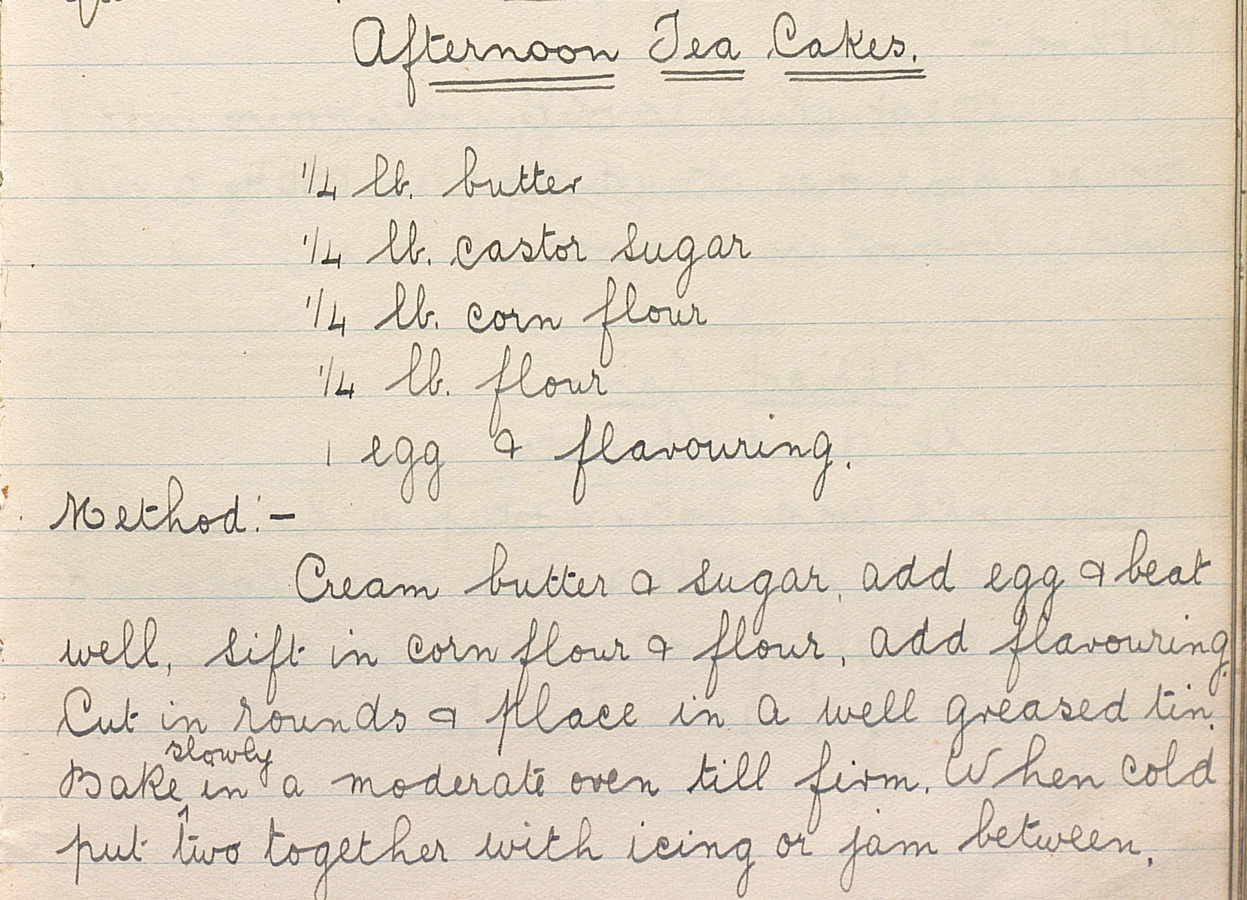 The handwritten recipe for 'Afternoon Tea Cakes.;