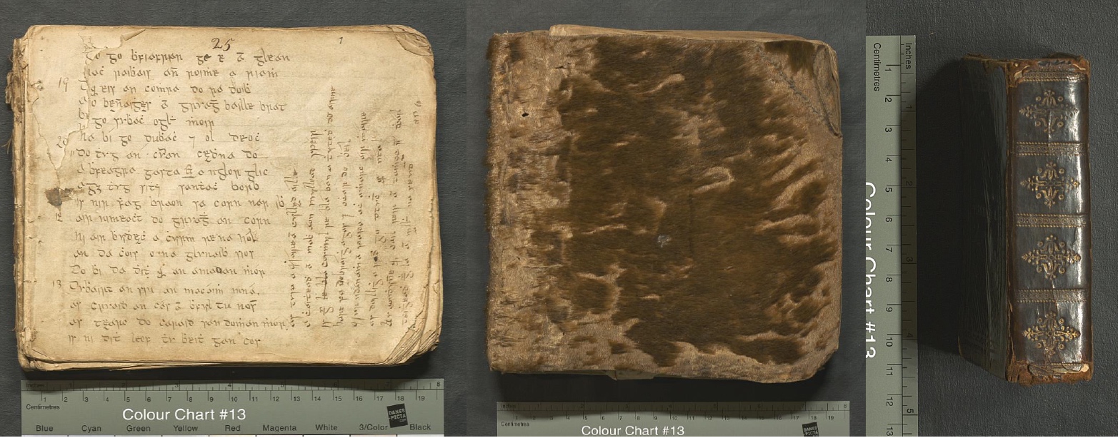 Three images: on the left is a manuscript which has no binding. In the centre is a binding made of seal skin. On the right is a highly decorated spine with leather and gold tooling. 