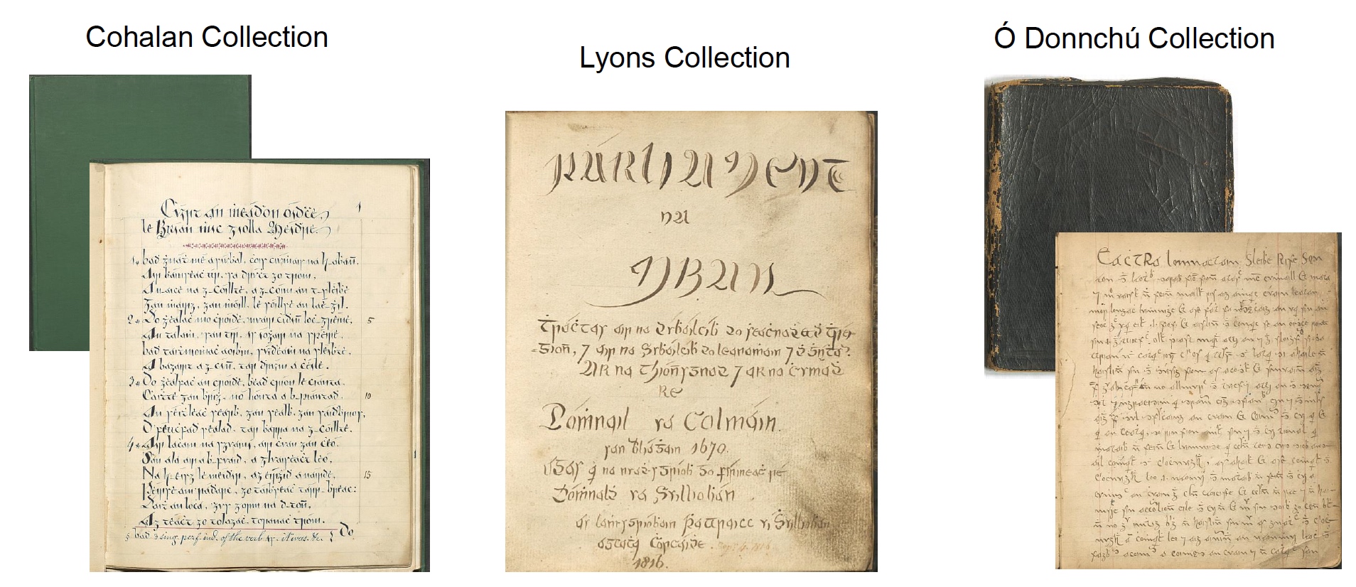 Three sets of images. On the left is a page from a Cohalan manuscript and behind it is a green cover. In the centre is a page 'Parliment na mBan' from a Lyons manuscript. On the right is a page from a O Donnchu manuscript and behind it is a black cover. 