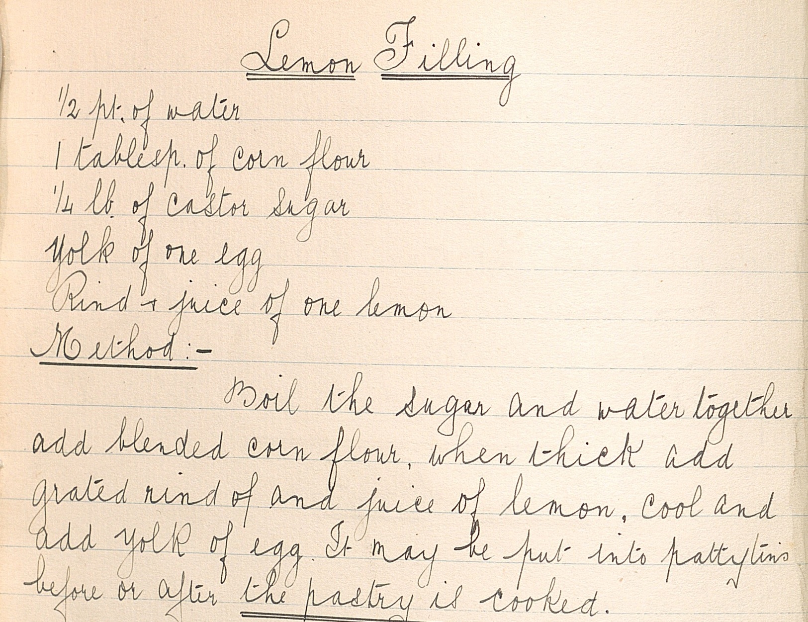 The handwritten recipe for 'Lemon Filling'.