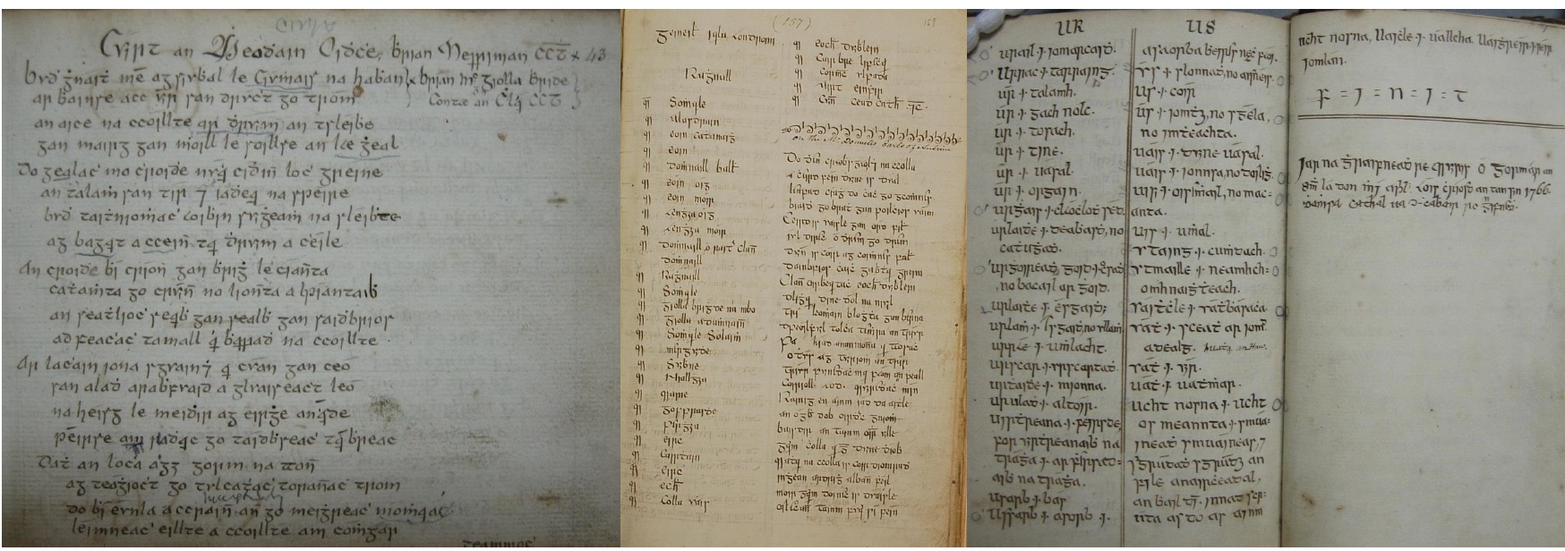 Three images: on the left is an extract from Cuirt an Mhean Oiche (Ms. 40); in the middle is a genealogy (Ms. 1) and on the right is an example of a dictionary (Ms. 20).