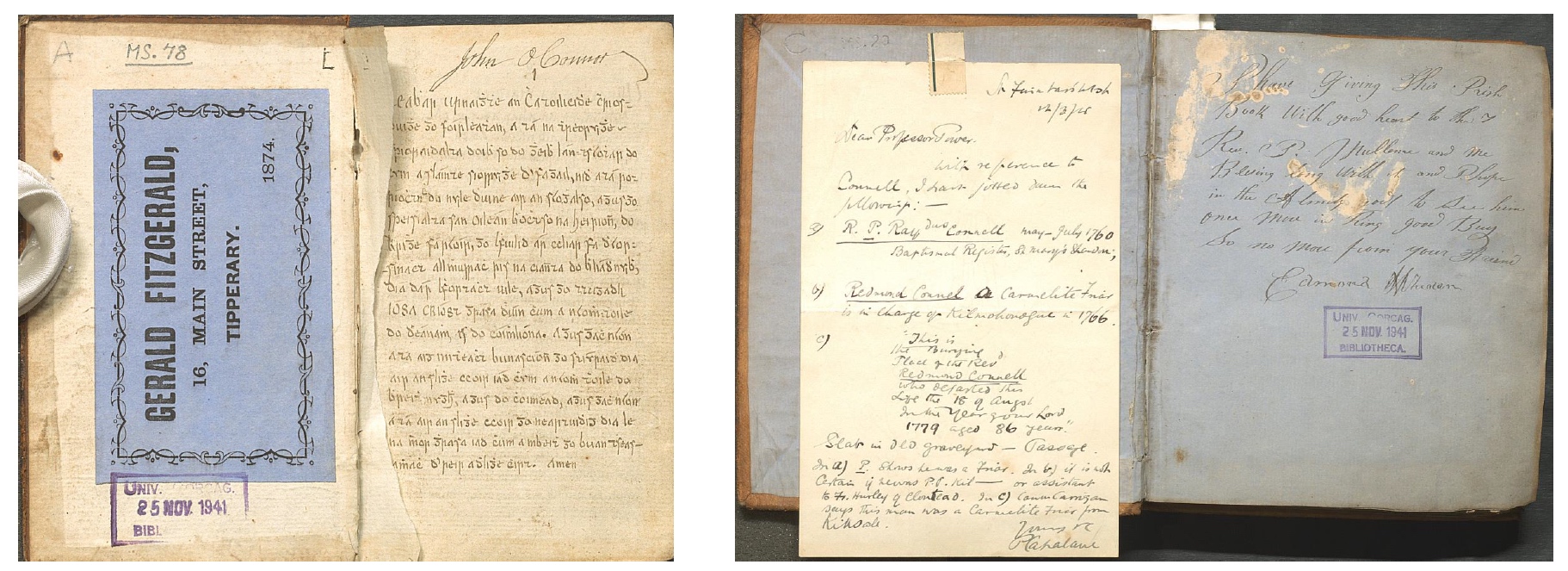 Two images: both manuscripts show the endleaves inside the front cover. The left image shows a ticket for a Gerald Fitzgerald of Main Street Tipperary and the stamped date UCC Library acquired the manuscript: 25 Nov 1941. The right image shows a letter stuck to the front pastedown and an inscription from Edmond (?).