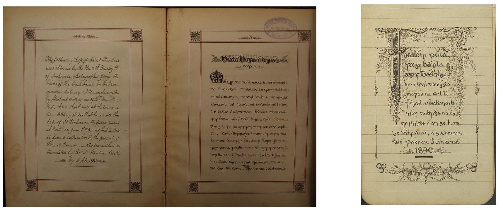 Two images of manuscripts. On the left is a bilingual manuscript. The page on the left is in English and the page on the right is in Irish. Each page is framed by a decorative border. On the right is a decorated letter F around which is the text describing the manuscript. 