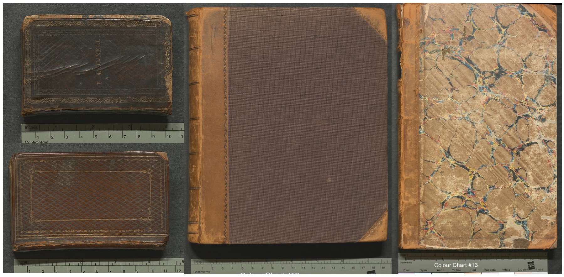 Four images: On the top left and lower left are the leather bindings for two hand-sized manuscripts. In the centre is a quarter leather binding with cloth for a squarish manuscript. On the right is a quarter leather binding with marbled paper and this manuscript is folio sized.