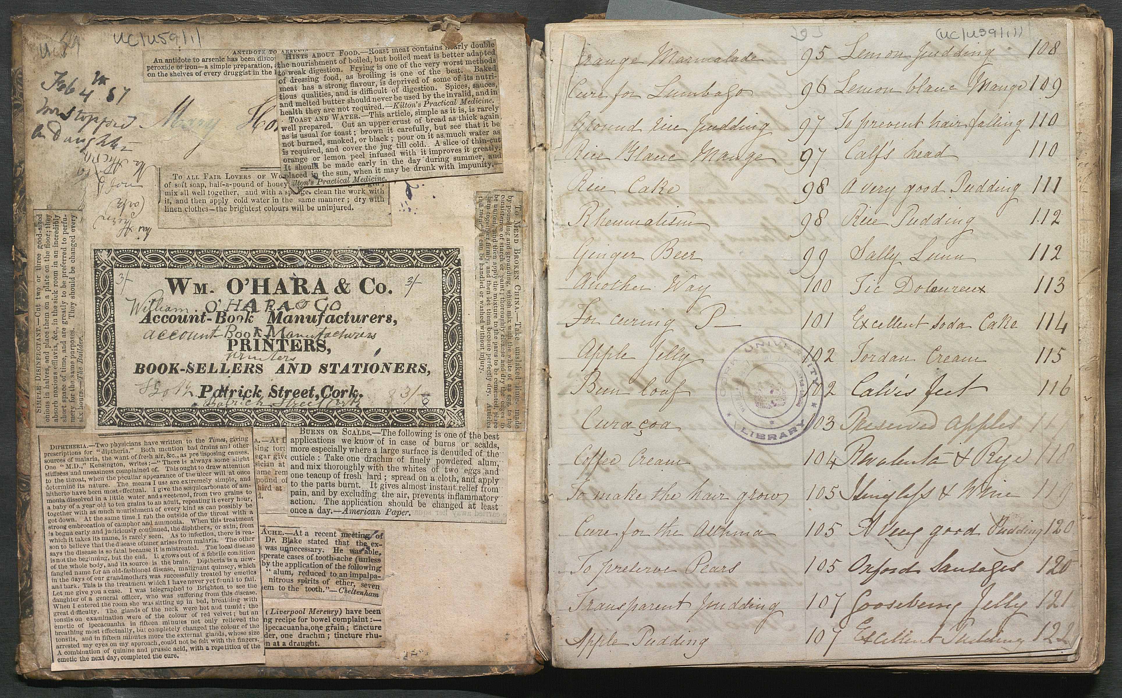 The front paper has pasted newspaper snippets of medicinal recipes e.g. 'Burns on Scalds.' The facing page has a table of contents for culinary recipes. The table of contents starts with a recipe on p95. This is a typical example of a historical recipe book. 