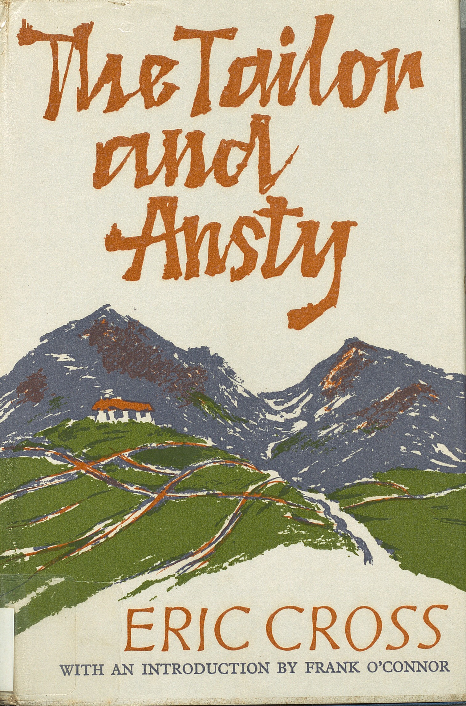 Dust-jacket to the 1964 edition of The Tailor and Ansty. There is a house on a hill with mountains in the background.