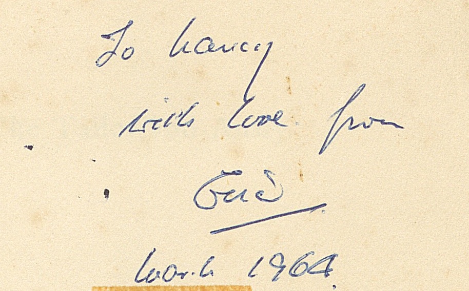 Handwritten annotation from Eric to Nancy [McCarthy] "To Nancy with love from Eric, March 1964."