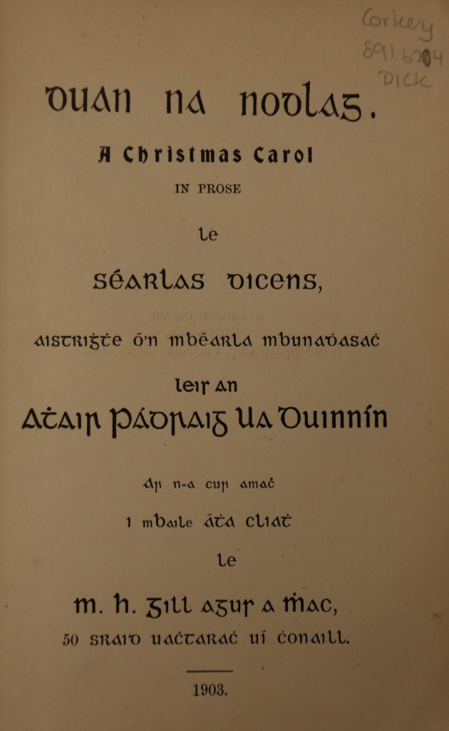 Title page to 'A Christmas Carol' in Irish.