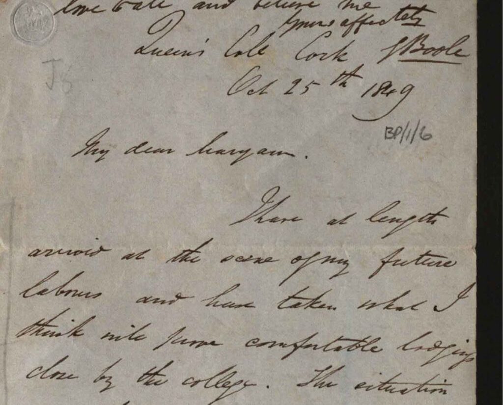 George Boole's first letter from Cork to his sister Maryann.