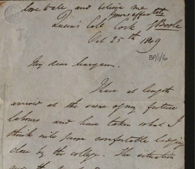 George Boole's first letter from Cork to his sister Maryann.