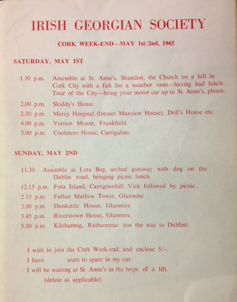 Leaflet advertising an Irish Georgian Society weekend in Cork in 1965.