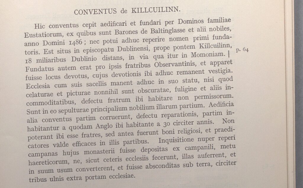 Excerpt in Latin about the history of Kilcullen friary.
