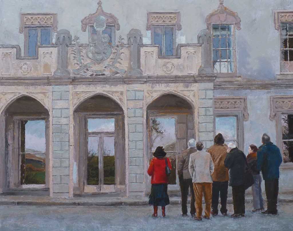 A painting of a group of people looking at a building. The group of people have their backs to the viewer. This is one example of the Grand Tour.