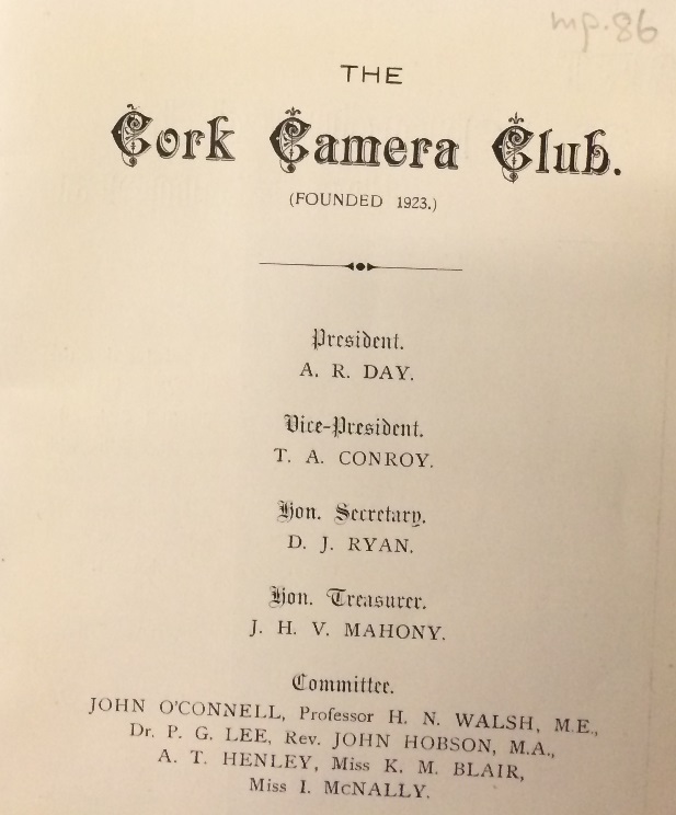 Catalogue of the Cork Camera club for 1931 listing the committee members.