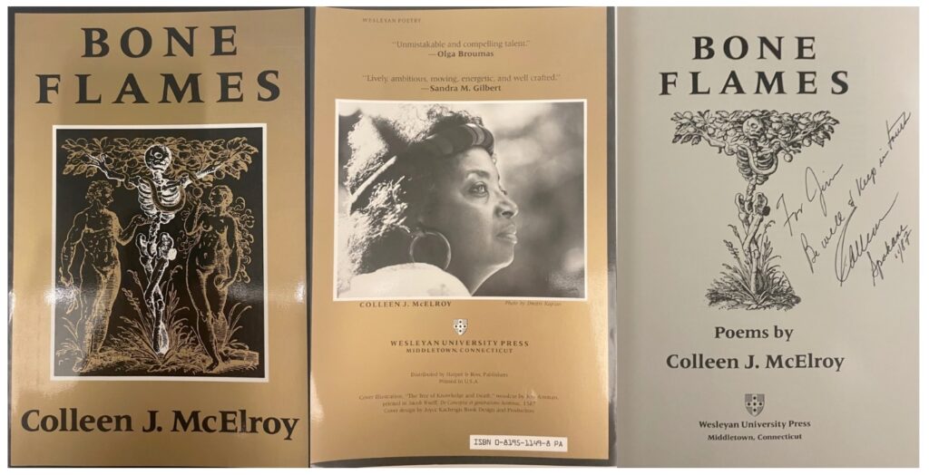 On the left is the cover of the book showing a skeleton in front of a tree. On either side of the skeleton are figures of a man and a woman. In the middle is the back cover of the book showing a photo of McElroy and with various reviews of her work. On the right is the title page with the image of the skeleton and the tree and McElroy's signature.