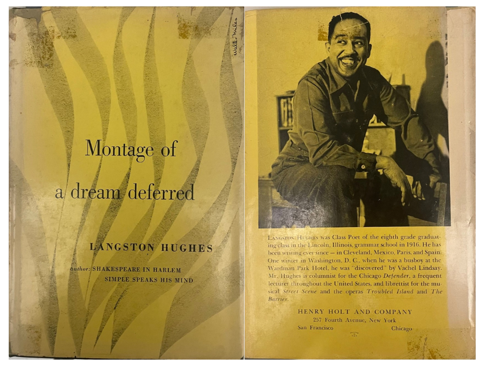 On the left is the title page of the book. On the right is a photograph of Hughes - he is seated and smiling at the camera. Underneath is a paragraph of text about him.