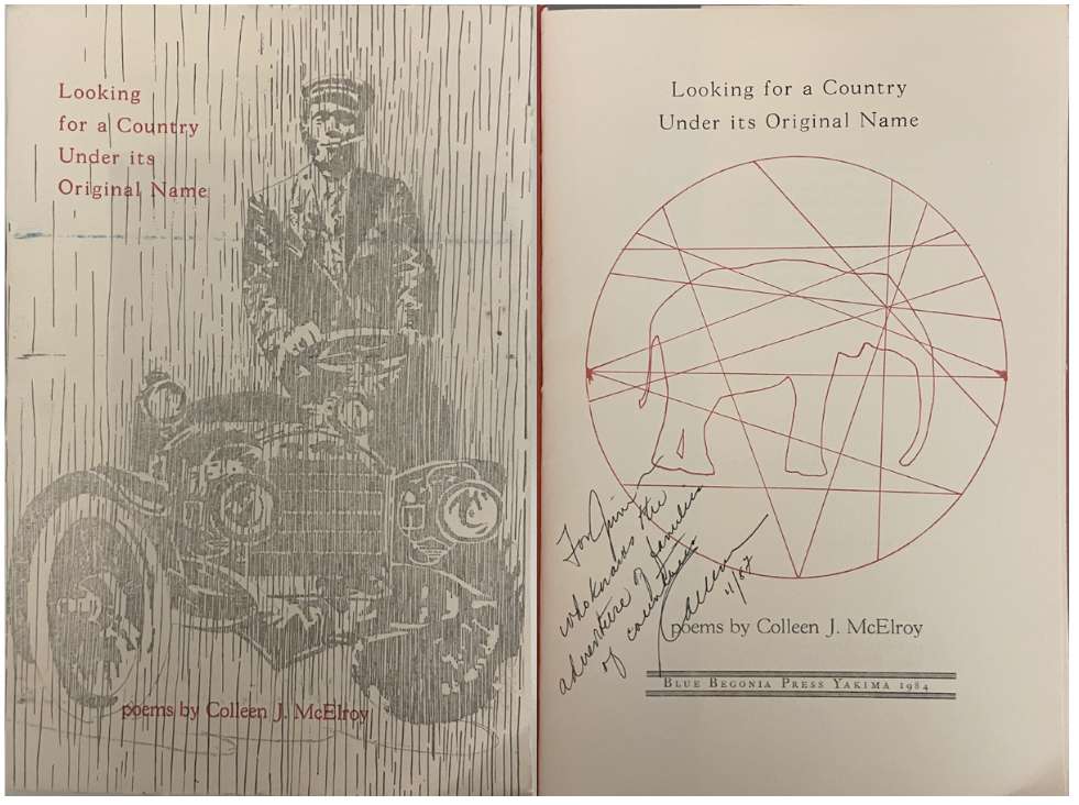 On the left is the front cover of the book. It is in black & white and shows a black man smoking while driving a car. On the right is a red line drawing of an elephant in a circle. Various lines criss-cross the circle. McElroy has signed the page. 