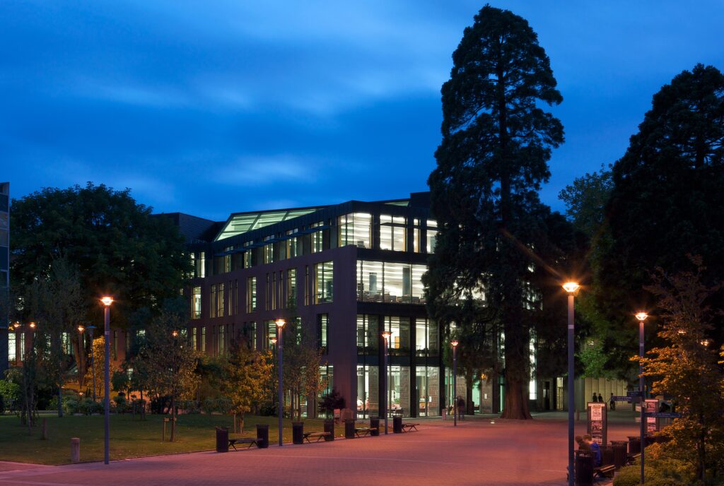 Side view of UCC Library at night. 