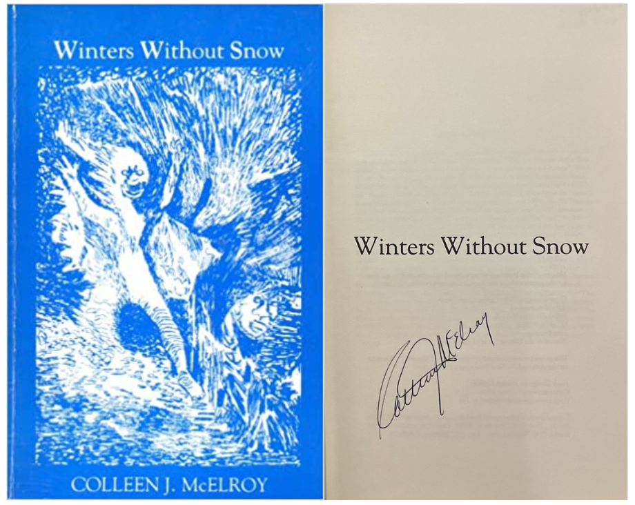 On the left is the front cover of a the blue showing an abstract figure in snow. On the right is McEllroy's signature under the title of the book.