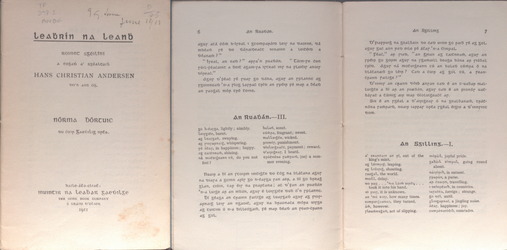 On the left is the title page to Leabhrín na leanbh. On the right is an excerpt from three stories from 'Leabhrín na leanbh.'