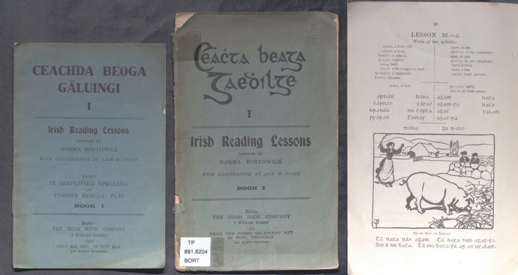 Three images: on the left and centre are the title pages to Little Lessons in Irish by Norma Borthwick. On the right is one of the lessons with an image of a woman chasing a pig. The image is by Jack B Yeats.