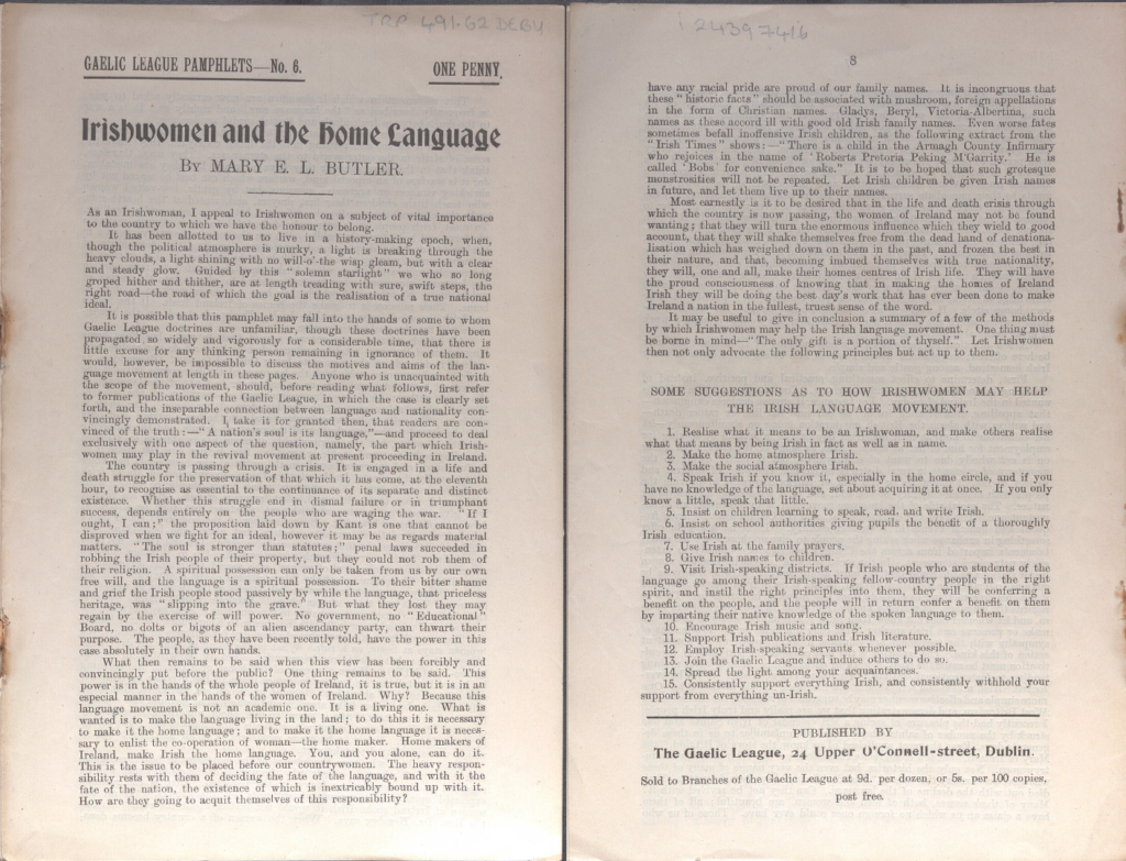 The first and last pages to 'Irishwomen and the home language".