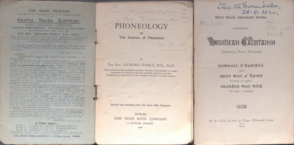 On the left is  Cáit Ni Dhonnchadha's signature and 'The Glen' on the title page of Phoneology, or The science of phonetics by Richard O'Daly. On the right: Cáit Ni Dhonnchadha's signature and date 28.8.1920 on the title page of Bruidhean Chaorthainn: (Donegal Folk Version).