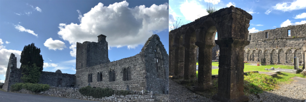 On the left is the exterior of the ruined Franciscan friary Creevelea and on the right is Creevelea cloisters.
