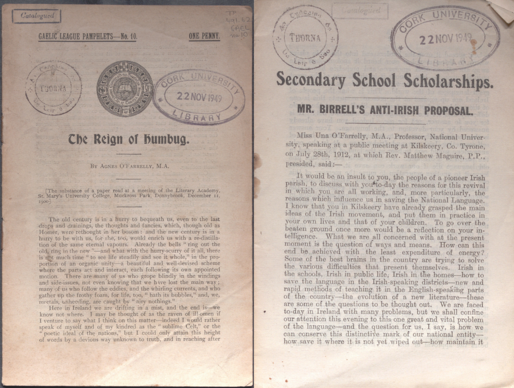On the left is the title page to The reign of humbug. On the right is the title page to Secondary school scholarships: Mr. Birrell's anti-Irish proposal. Both are by Una Ni Fhaircheallaigh. 