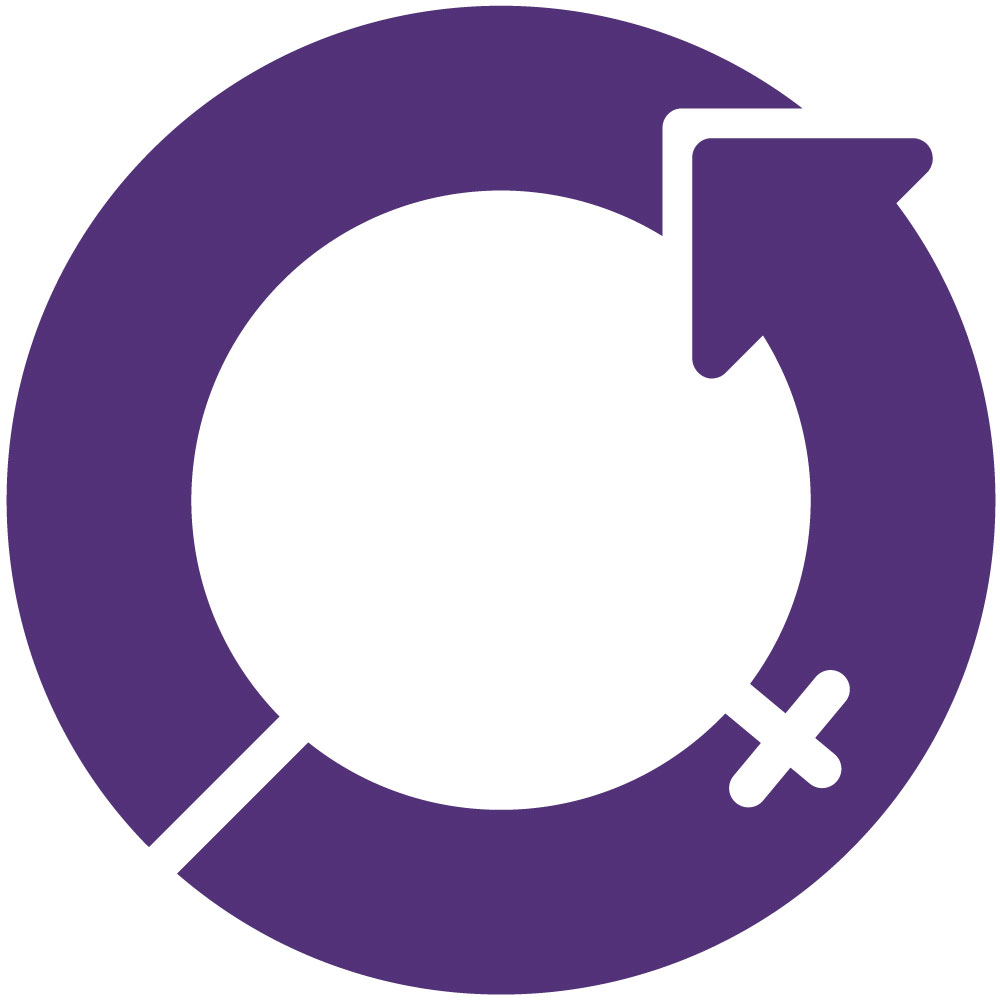 Symbol of International Women's Day: a circle in the form of an arrow going anticlockwise. The arrow is in purple and the symbol for women is cut-out of the purple circle in white. 