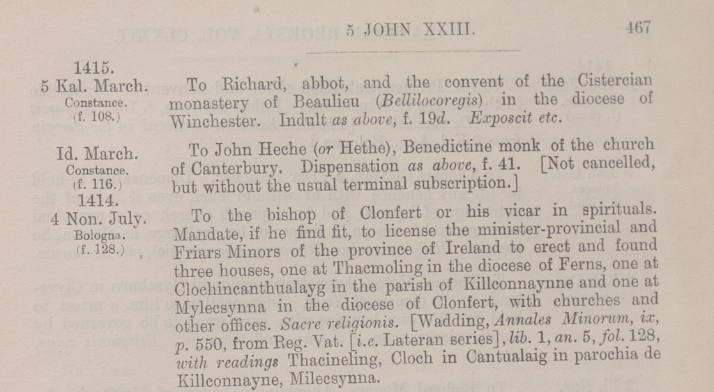 Description of the papal order to establish friaries in Ireland in 1415.