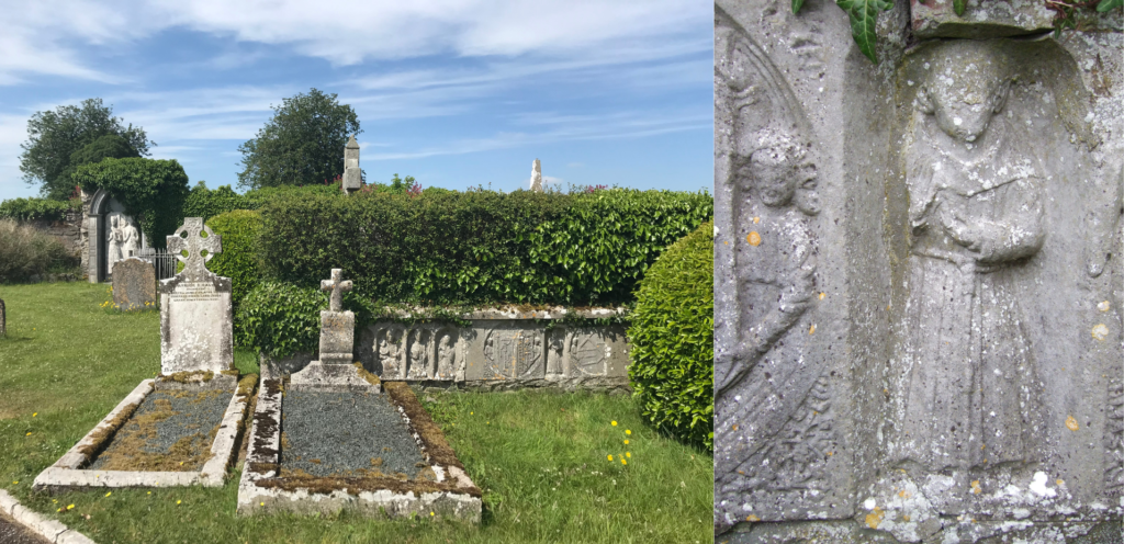 Two photos: Left: Kilcullen graveyard on the site of the Franciscan friary (FitzEustace monument in the background and a tomb with figures of saints in the foreground). Right: Saint Francis showing the stigmata, Kilcullen Franciscan friary. 