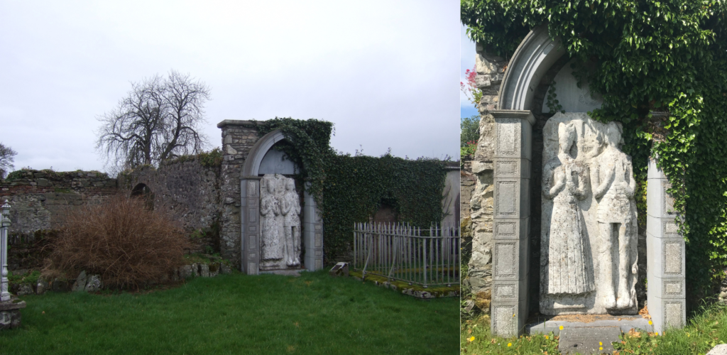 Two images: Left: The friary ruins with the effigies of Roland FitzEustance and Margaret Janico, Kilcullen Franciscan friary. Right: Effigies of Roland FitzEustace and Margaret Janico, Kilcullen Franciscan friary. 