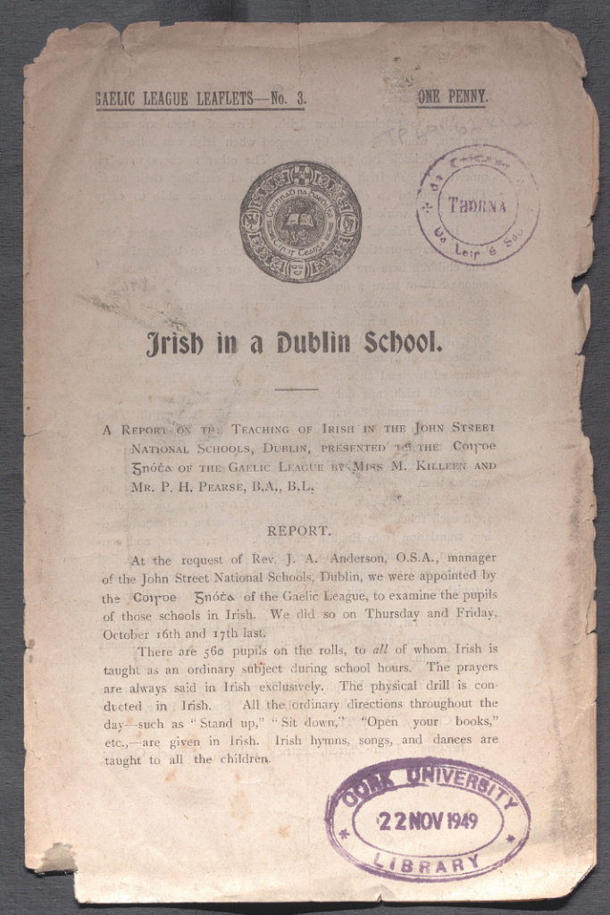 First page to Irish in a Dublin school: a report on the teaching of Irish in the John Street National Schools, Dublin