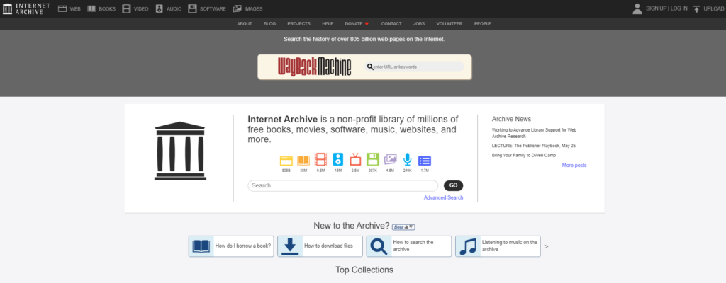 A screenshot of the Internet Archive for the long term preservation of websites