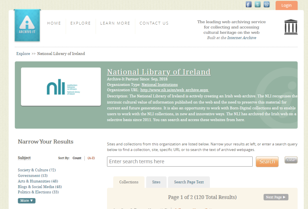 Screenshot National Library of Ireland’s web archive portal for websites