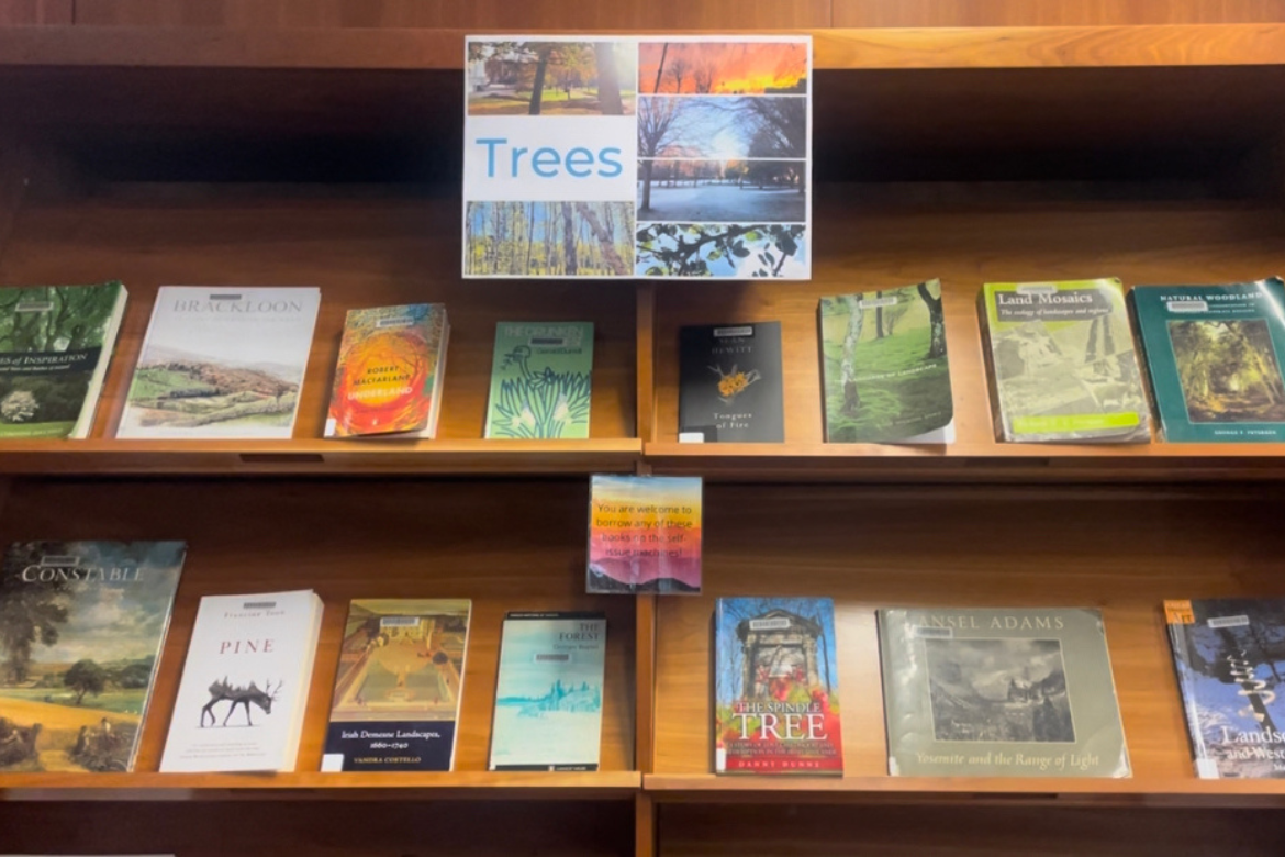 A poster of trees over books on bookshelves with their covers facing outwards.