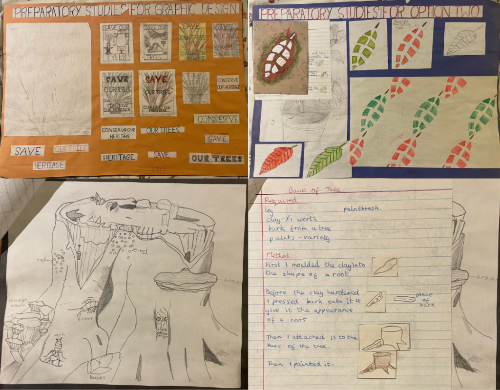 A combination of preparatory sketches for graphic design, studies for creating 2D work, sketch of a tree base and instructions for how that tree base was created in clay.